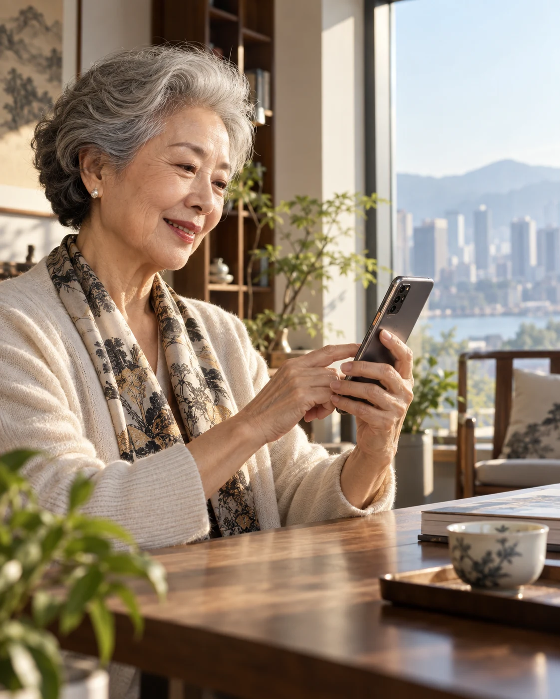 一位精神而自信的银发女性在阳光下使用 AI 手机